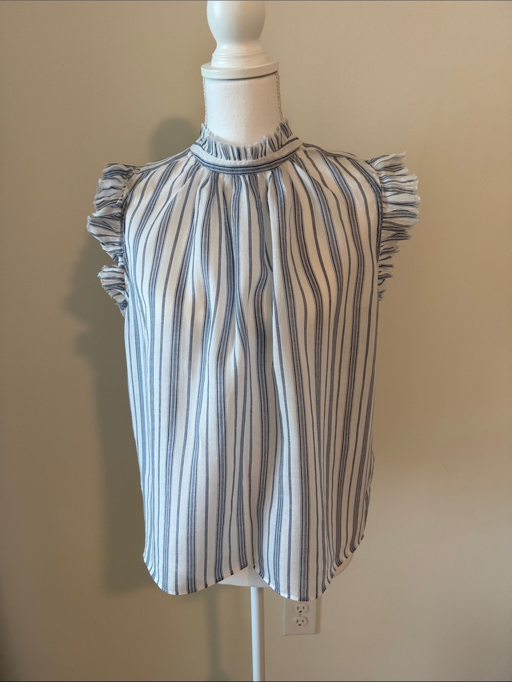 Striped Ruffle Sleeve Blouse - White & Blue